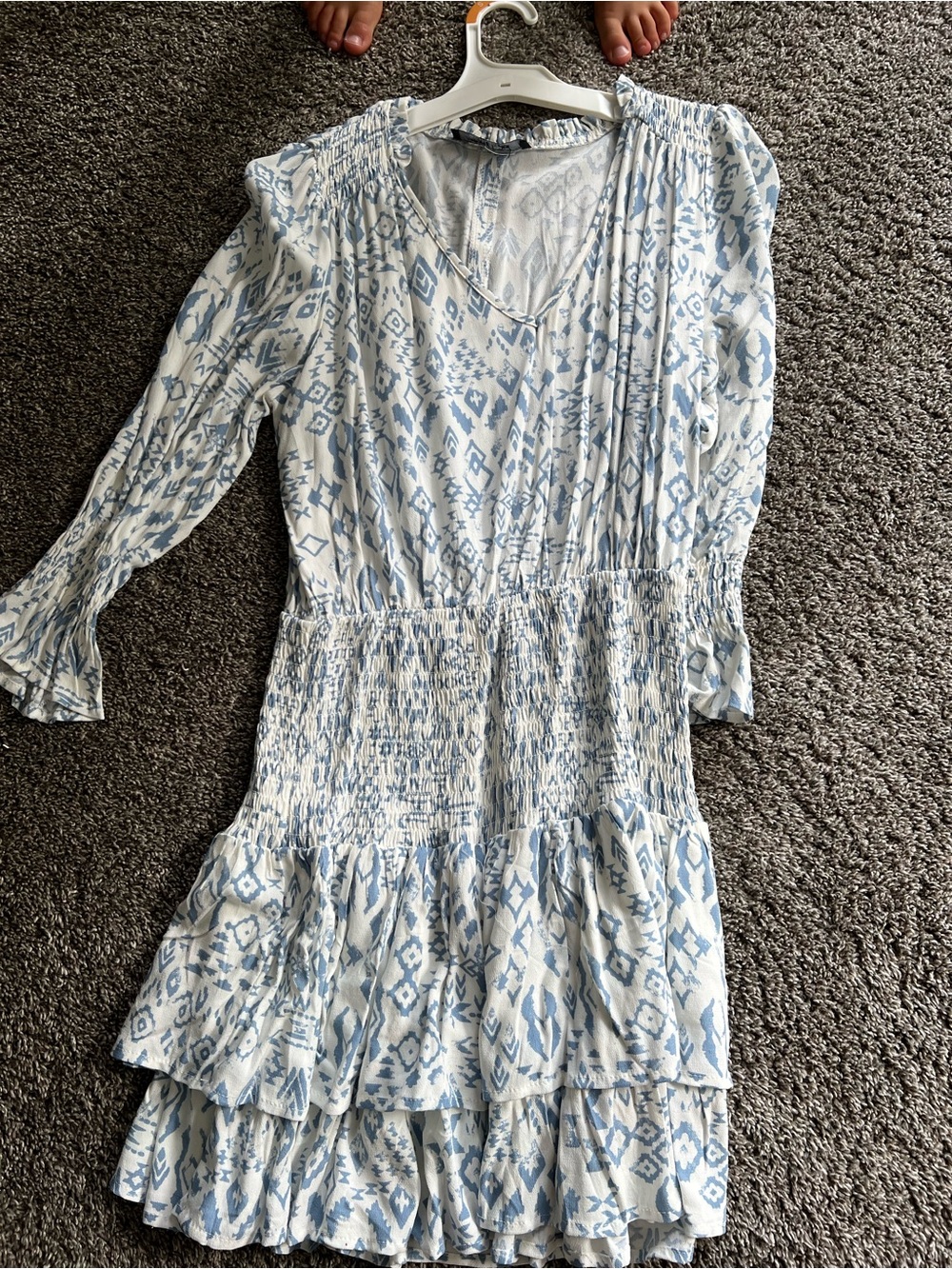Smocked Waist Blue & White Printed Mini Dress